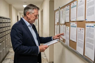 Syndic de copropriété en couloir d'immeuble examinant les documents d'appel de fonds pour travaux