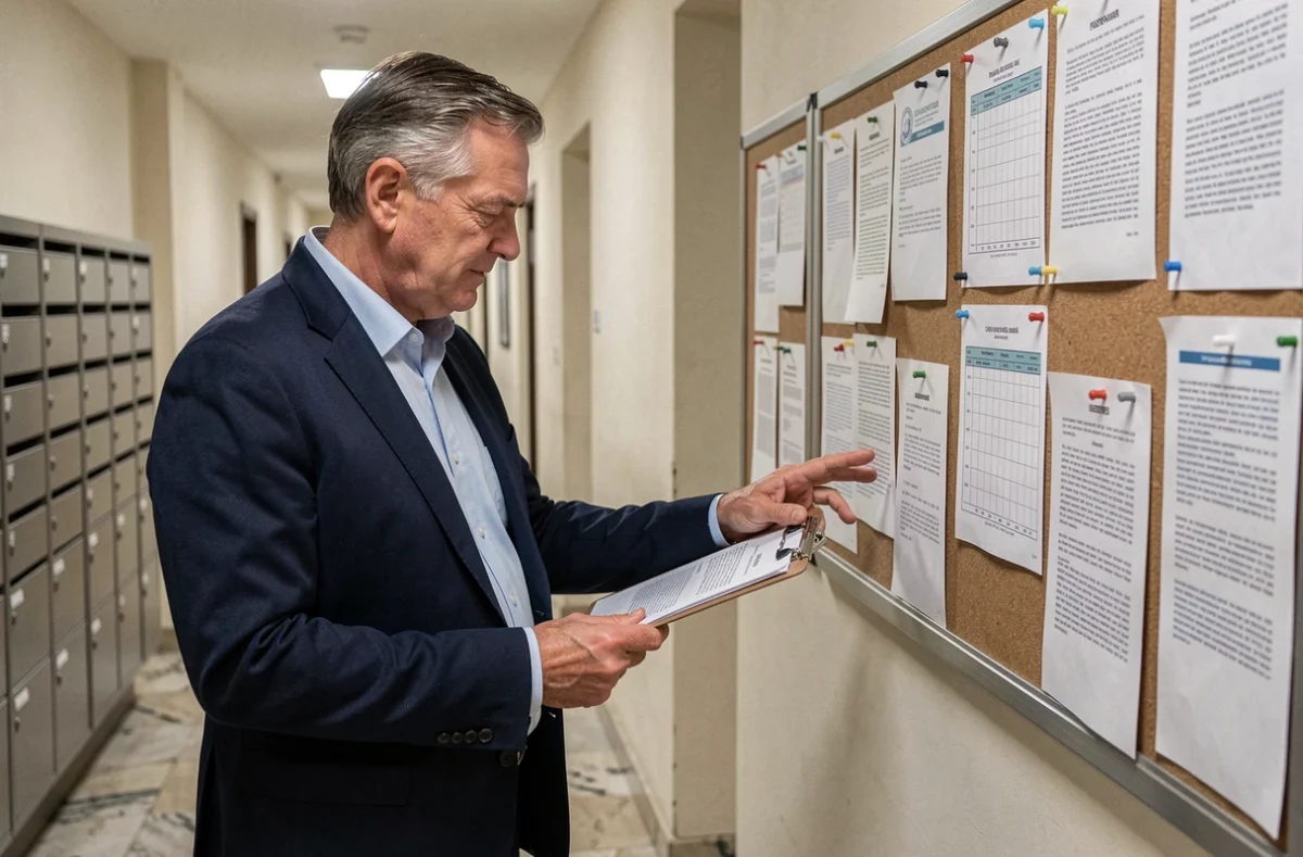 Syndic de copropriété en couloir d'immeuble examinant les documents d'appel de fonds pour travaux