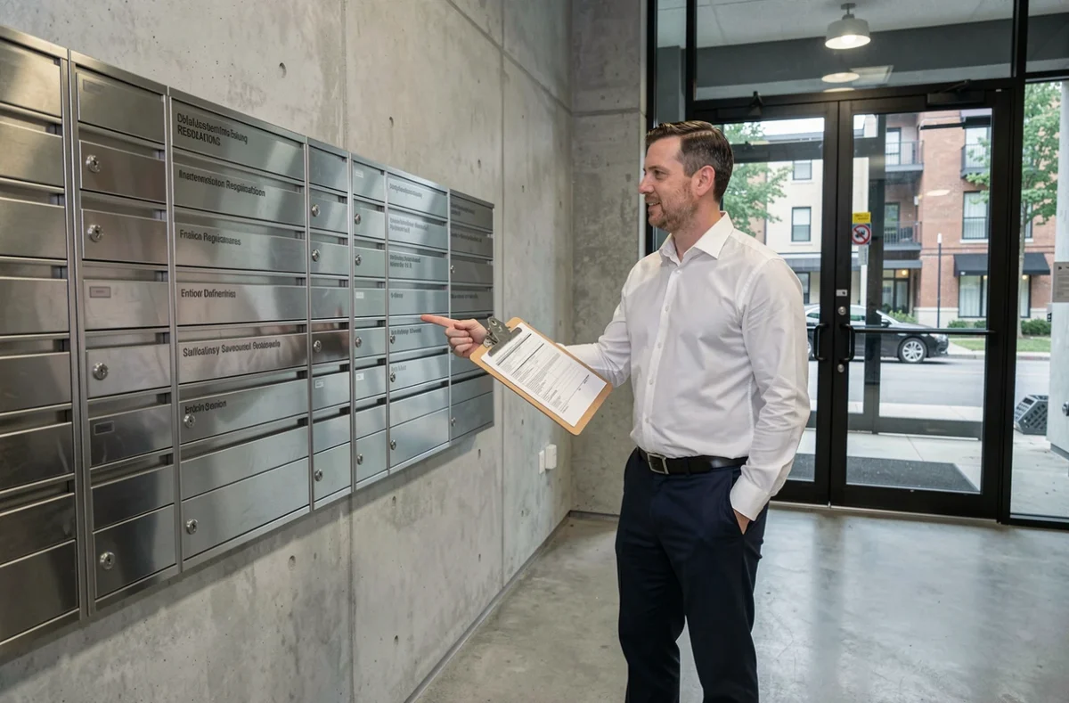 Syndic de copropriété vérifiant les obligations d'affichage réglementaire dans le hall d'un immeuble résidentiel