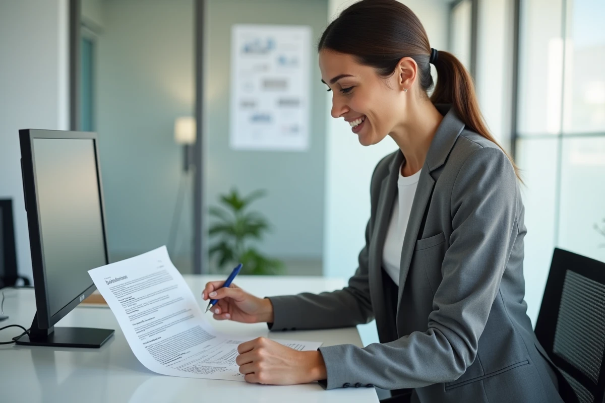Gestionnaire de copropriété complétant un formulaire pré état daté dans un bureau administratif moderne