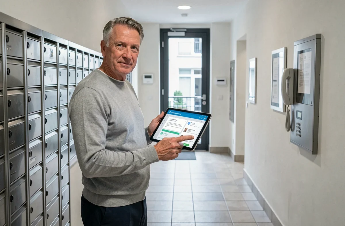 Syndic de copropriété consultant un tableau de bord de gestion numérique sur tablette dans le couloir d'un immeuble résidentiel