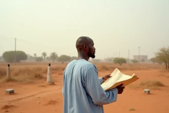 Propriétaire foncier sénégalais examinant un terrain à vendre à Dakar en 2026 avec plan cadastral