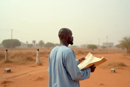 Propriétaire foncier sénégalais examinant un terrain à vendre à Dakar en 2026 avec plan cadastral