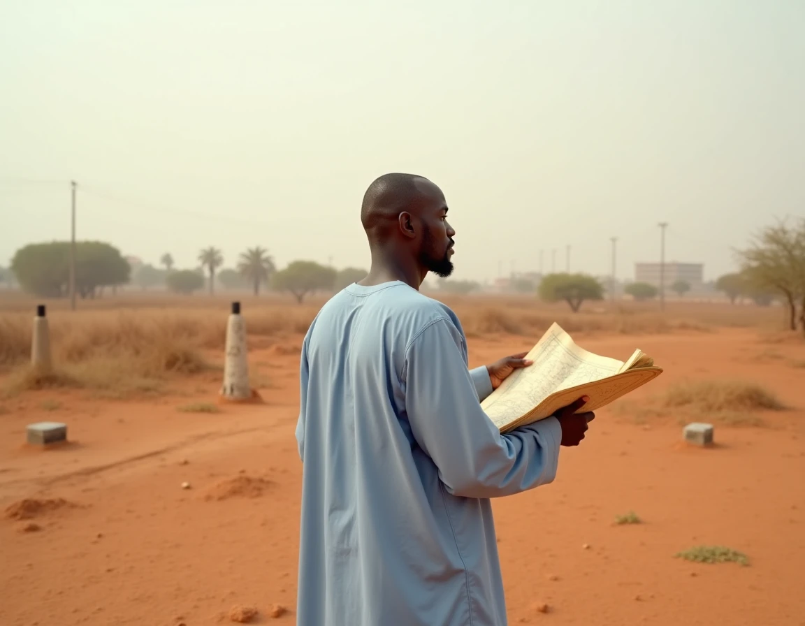 Propriétaire foncier sénégalais examinant un terrain à vendre à Dakar en 2026 avec plan cadastral