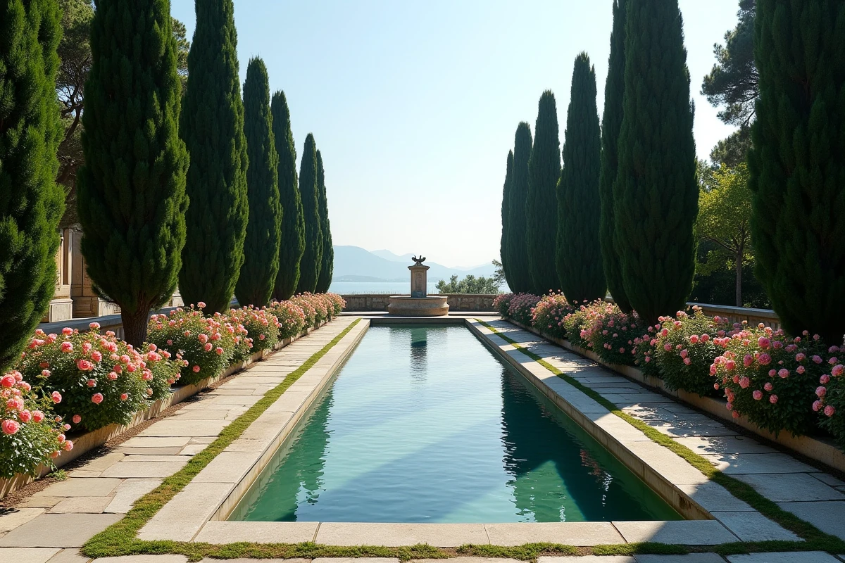 Terrasse en jardin à l'italienne de la Villa Leopolda avec bassin réfléchissant, cyprès et fontaine en pierre classique