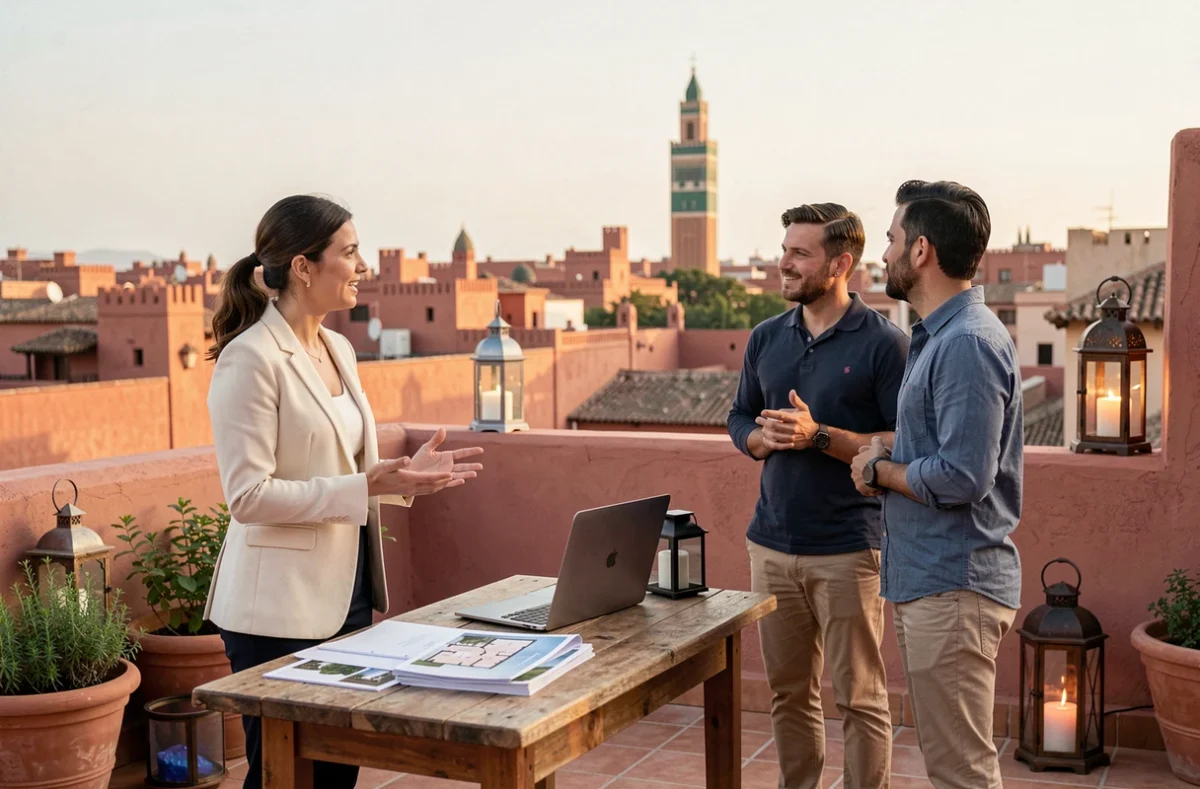 Agente immobilière présentant une terrasse avec vue panoramique sur la médina de Marrakech à un couple d'acheteurs étrangers