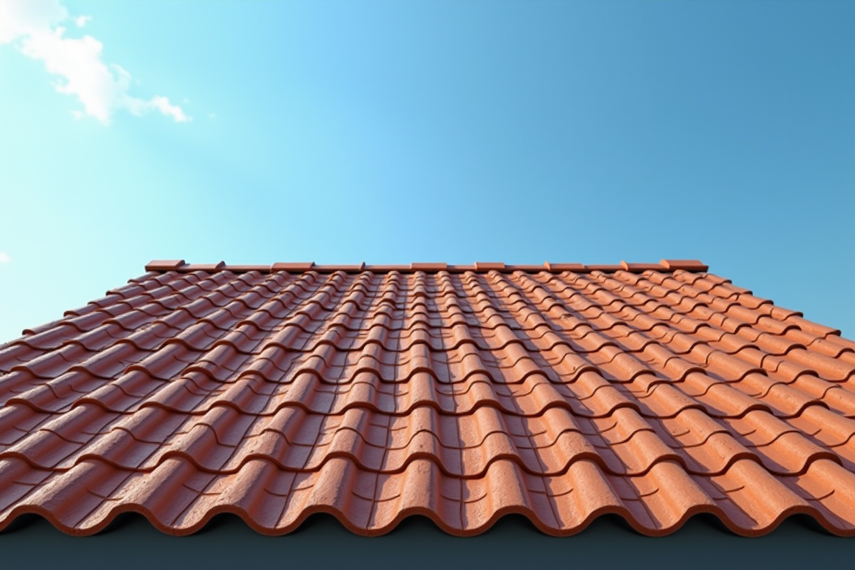 Toit moderne avec tuiles en terre cuite et béton sous ciel bleu