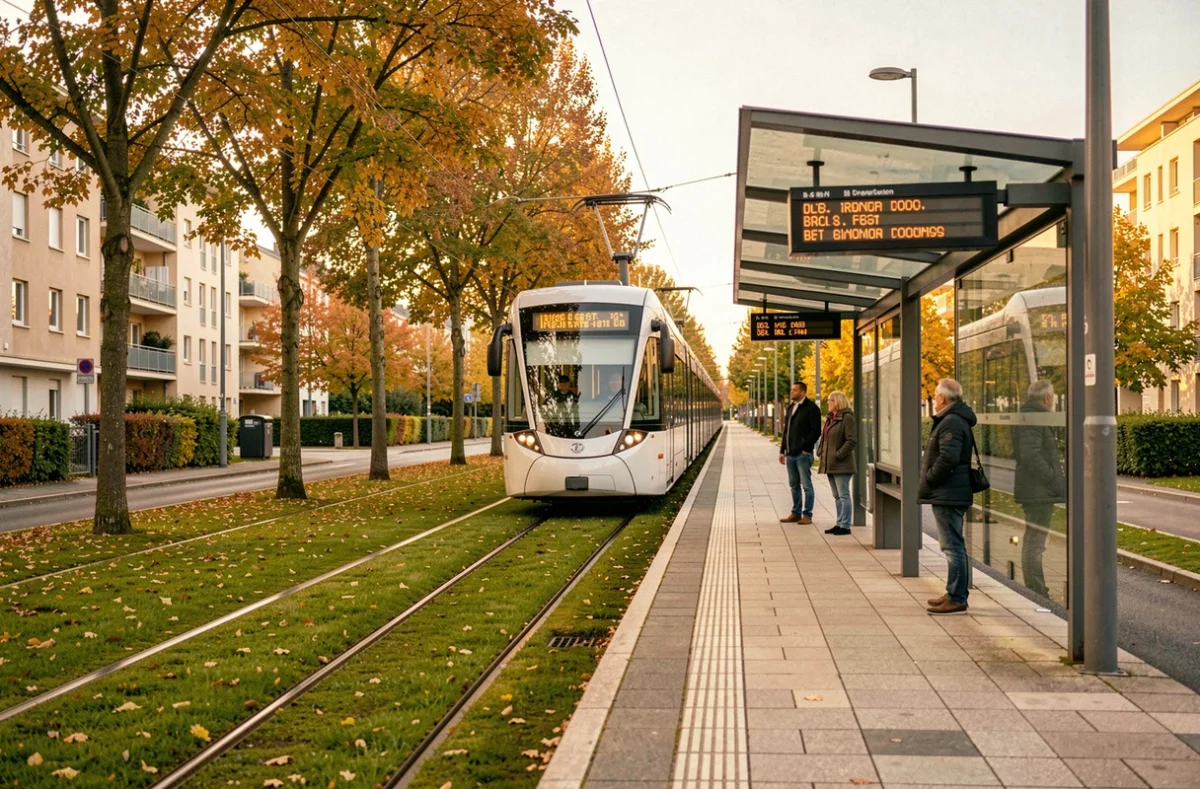 Tramway arrivant en banlieue parisienne, arrêt moderne avec voyageurs en Île-de-France