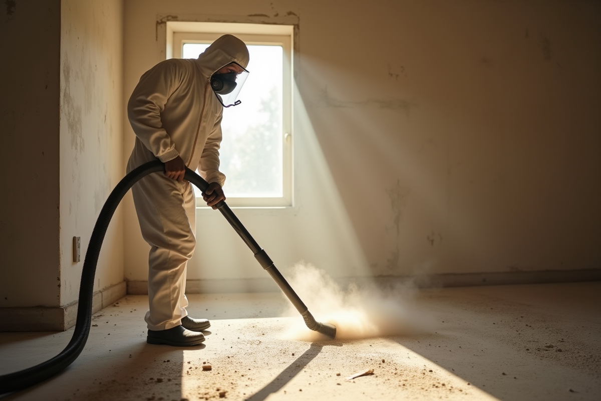 Travailleur en protection nettoyant la poussiere dans une salle ancienne