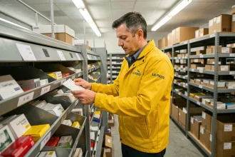 Facteur triant le courrier dans un centre de distribution postal parisien, vêtu d'un uniforme La Poste jaune