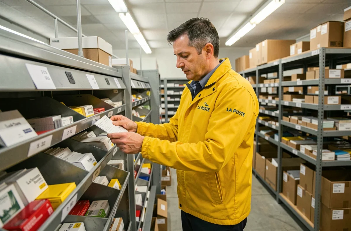 Facteur triant le courrier dans un centre de distribution postal parisien, vêtu d'un uniforme La Poste jaune