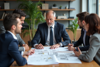 Urbaniste français en réunion avec collègues dans un bureau moderne