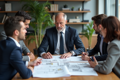 Urbaniste fran&ccedil;ais en r&eacute;union avec coll&egrave;gues dans un bureau moderne