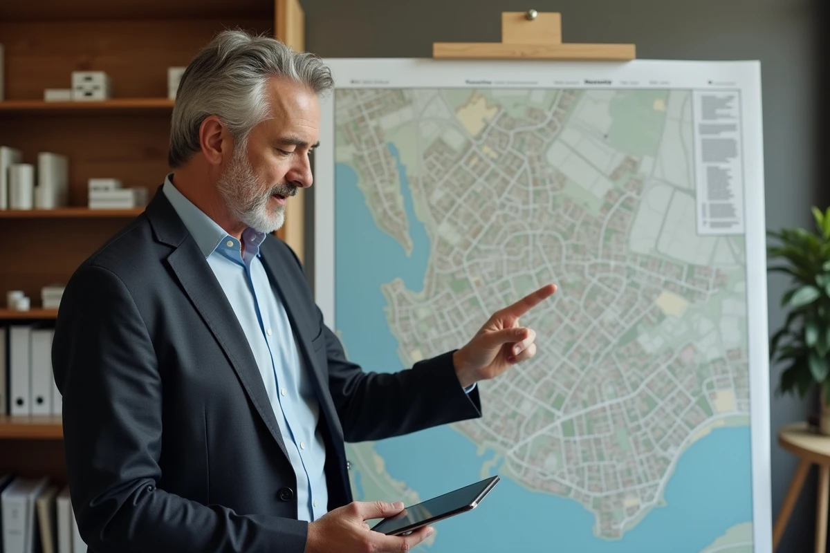 Urbaniste du comité du logement analysant une carte territoriale dans un bureau de planification urbaine municipale
