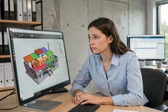Professionnelle examinant un modèle BIM sur ordinateur dans un bureau moderne, illustrant les erreurs courantes des utilisateurs de logiciels BIM
