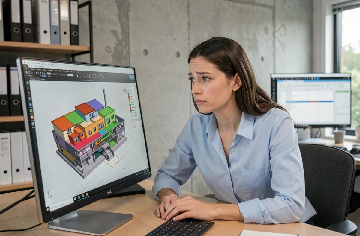 Professionnelle examinant un modèle BIM sur ordinateur dans un bureau moderne, illustrant les erreurs courantes des utilisateurs de logiciels BIM