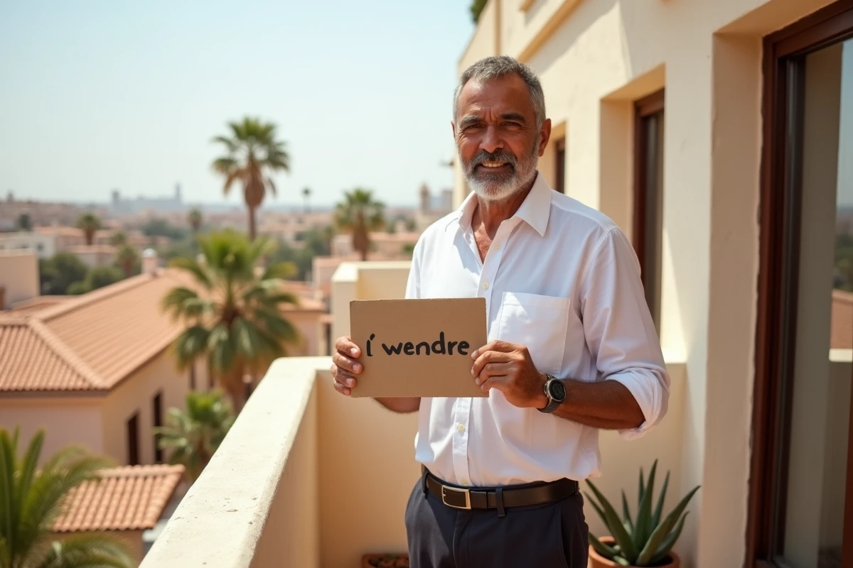 Propriétaire marocain vendant son appartement entre particuliers sur un balcon à Agadir avec pancarte à vendre