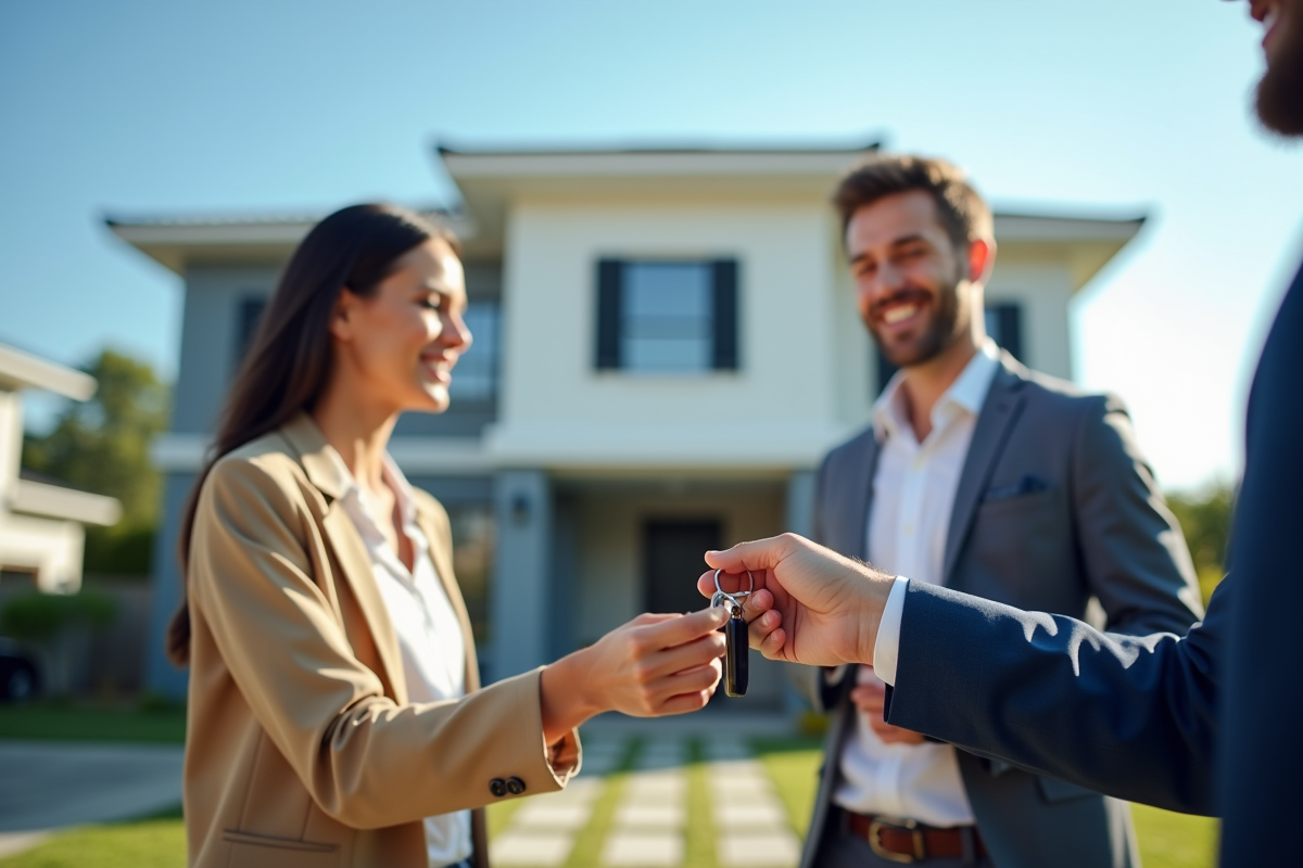 Remise des clés à un couple devant une maison moderne