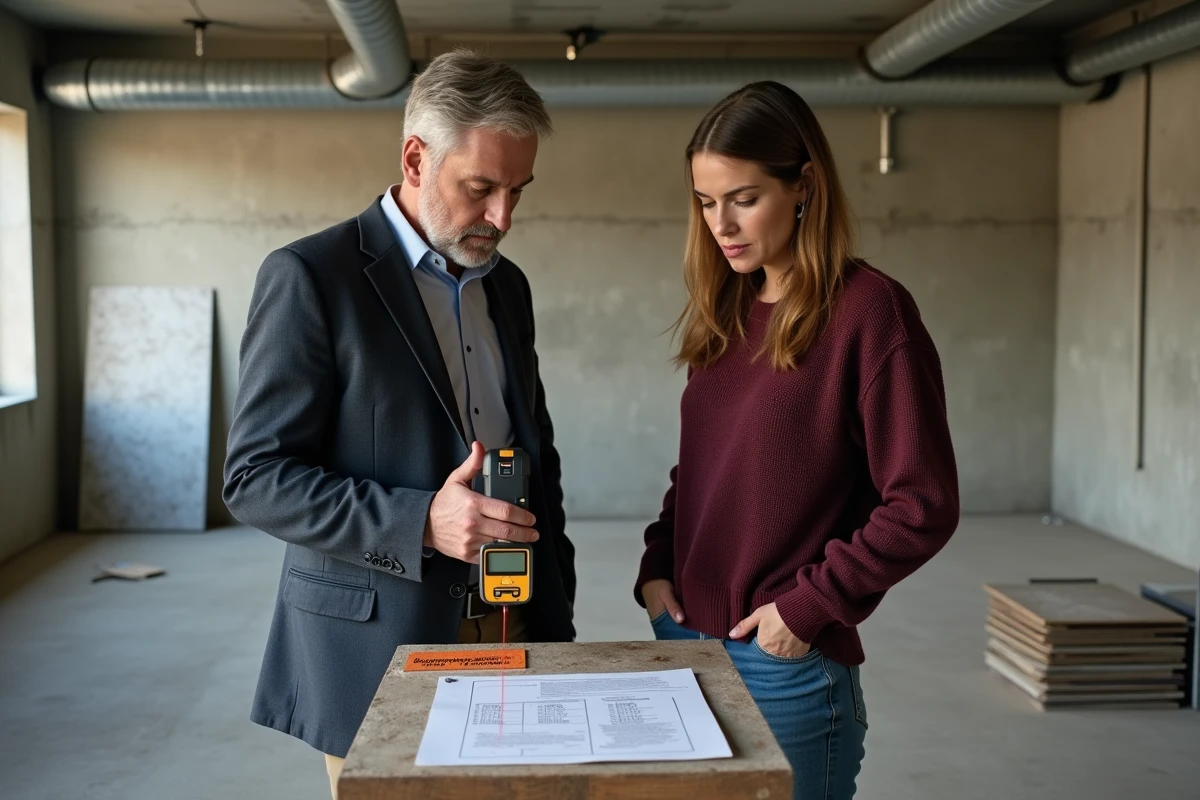 Deux professionnels vérifiant une mesure laser dans une pièce en rénovation avec des calculs corrigés sur un document imprimé