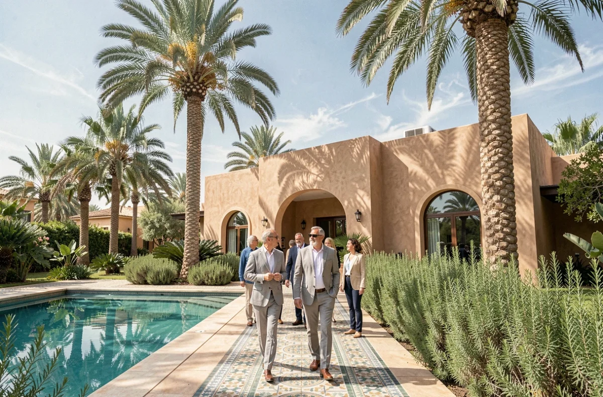 Villa moderne dans la Palmeraie de Marrakech avec piscine et jardin tropical présentée à des investisseurs immobiliers