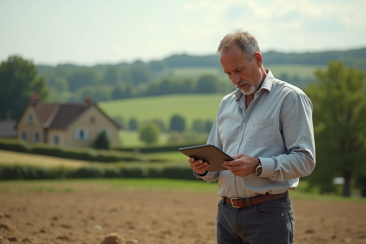 Investisseur foncier consultant une plateforme de revue foncière sur tablette lors d'une visite de terrain en zone rurale française
