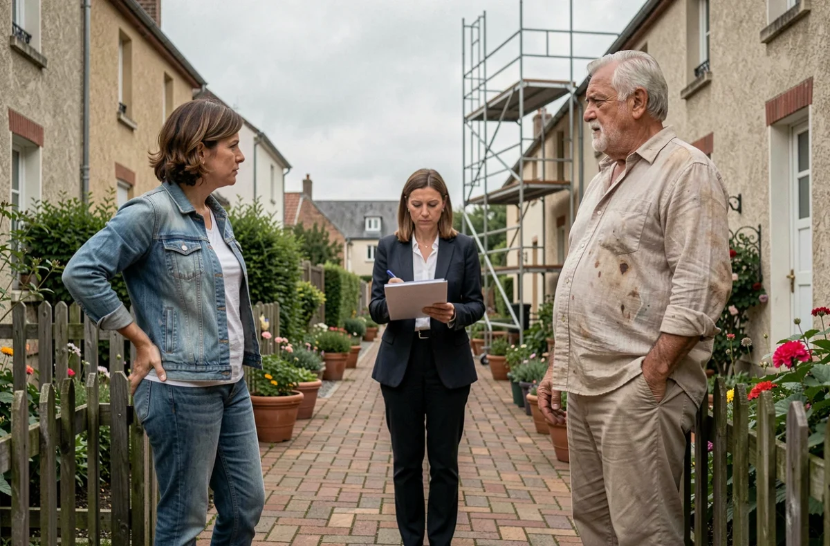 Deux voisins en discussion avec une professionnelle du droit avant le début de travaux, constat amiable en cours