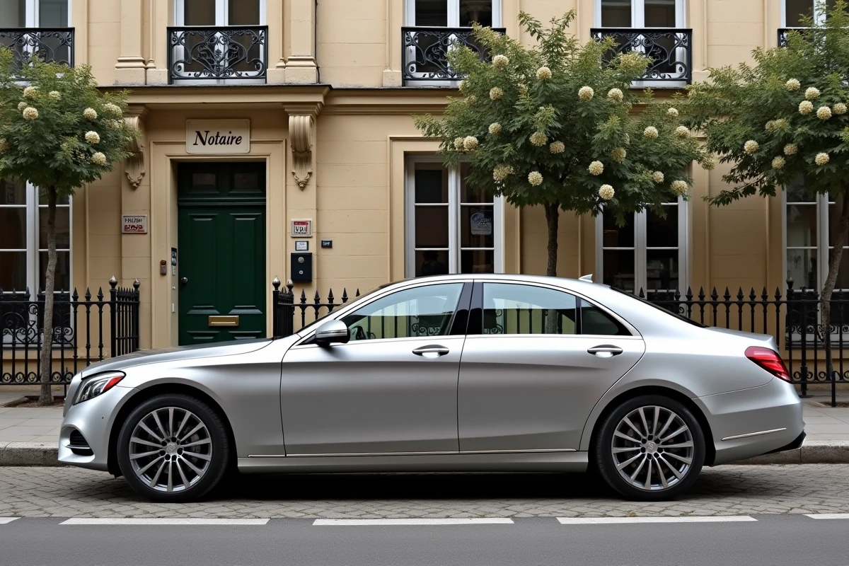 Voiture de notaire française devant un bâtiment ancien