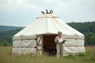 Femme examinant des documents légaux devant une yourte installée sur un terrain non constructible en zone rurale